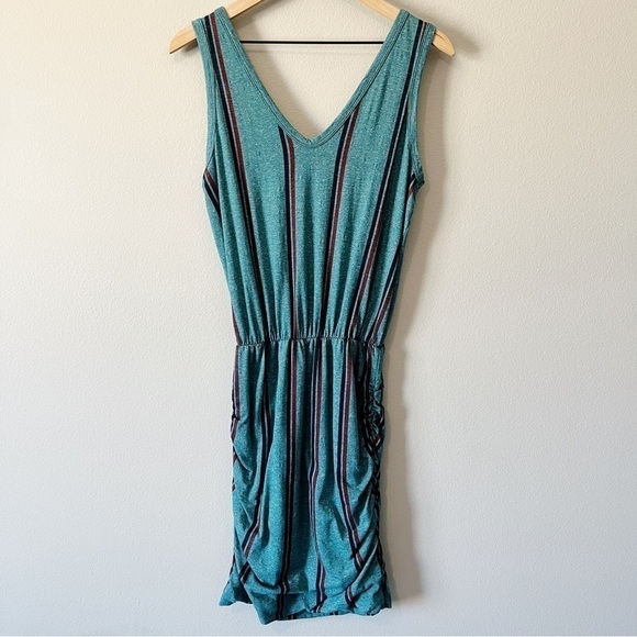 Sundry NEW Teal Stripe Scrunch Dress Sleeveless V-Neck Size 2 = Medium 8/10 - Picture 2 of 10